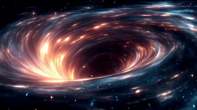 Black hole, fantasy, mysterious. A vivid digital artwork depicts a cosmic scene. A swirling vortex of fiery orange and pink hues dominates the center.