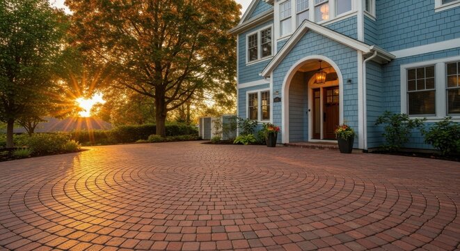 Circular Interlocking Paver Driveway Leading to a Blue Suburban Home