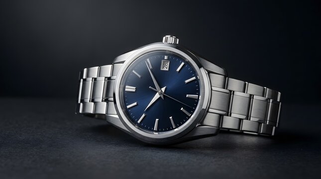 Luxury mens wristwatch with blue dial and steel strap on dark surface.