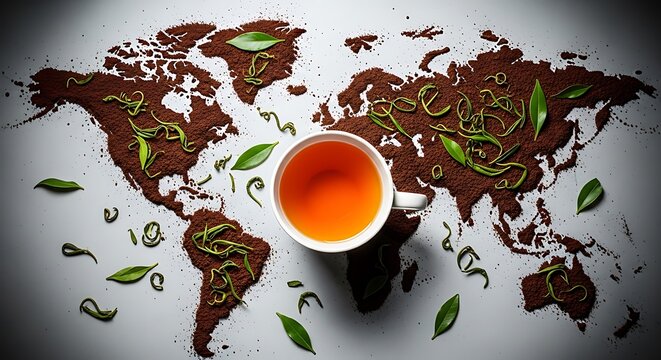 Tea cup on a world map made of tea leaves and soil background