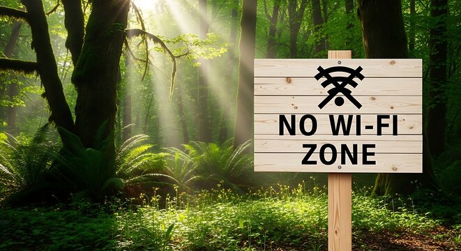 No WiFi Zone Sign in Lush Green Forest Environment