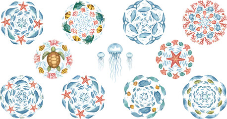 Ocean Mandala Collection Vector Illustration Featuring Fish Starfish Jellyfish Coral and Marine Life Circular Decorative Patterns Set © Mohammad