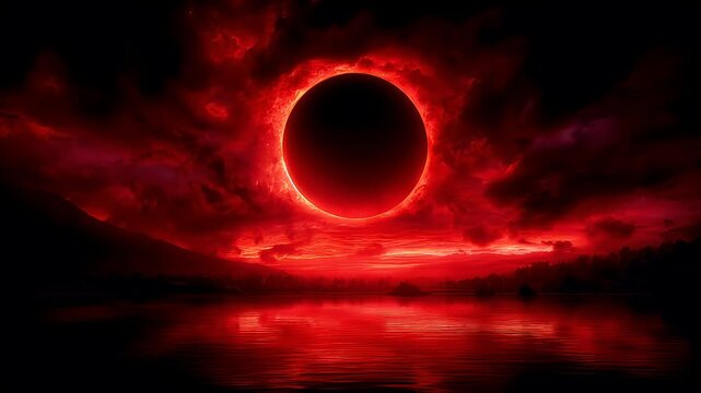 Eclipse, fantasy, mysterious, supernatural. A vivid digital artwork depicts a celestial scene during a total solar eclipse. A radiant, fiery red ring of light illuminates the sky.