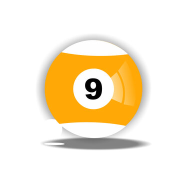 Yellow striped number nine billiard ball, yellow number 9 stripe pool ball isolated