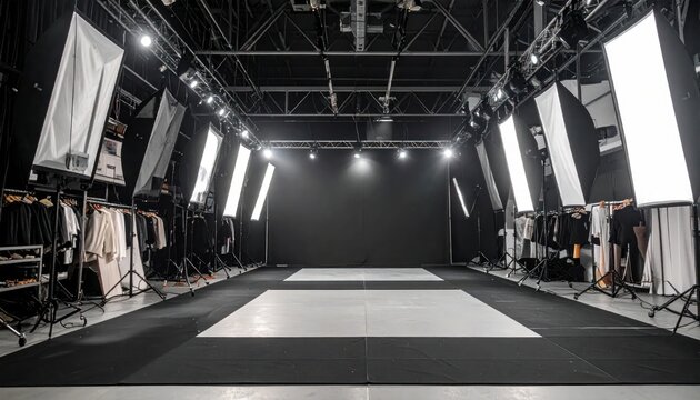 Professional Photography Studio with Fashion Garments and Lighting Equipment.