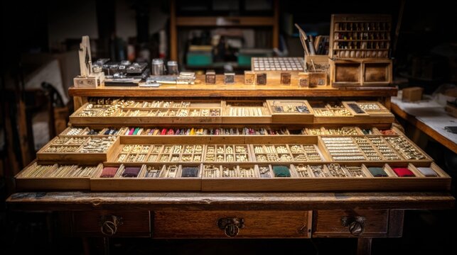 Intricate wooden type case filled with antique letterpress alphabet characters and printing tools for vintage crafts