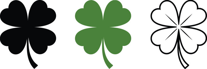 Four leaf clover, icon collection in black green and outline styles representing St Patricks Day and luck symbols, simple flat and line designs, versatile vector elements for greeting cards, branding, © Mizu Ahmed 3