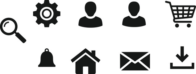 User interface icons set with search settings profile shopping cart notification home email and download symbols © Mst