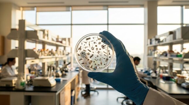 Scientist examines petri dish containing micro objects in a modern laboratory setting with researchers working