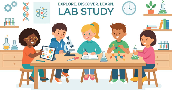 Diverse children in lab study group.