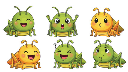 Obraz premium Vibrant Set of Six Cute Cartoon Grasshopper Characters Expressing Diverse Feelings from Joy to Confusion, Ideal for Engaging Kids' Projects