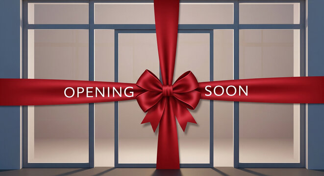 Retail store entrance closed with a large red ribbon and bow signifying 'opening soon' coming soon start up business opening new business