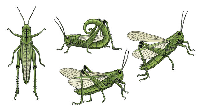 Collection of four detailed illustrations of green grasshoppers in various poses and perspectives, showcasing their anatomy
