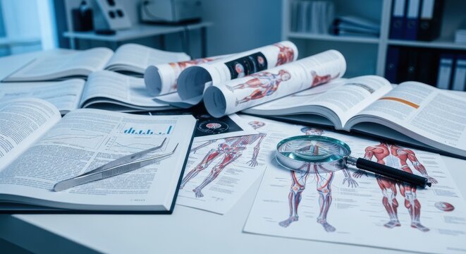 Scattered anatomical diagrams and medical journals on a desk with a magnifying glass, symbolizing in-depth scientific study and research.