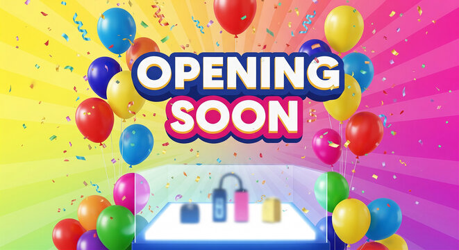 Grand opening soon event balloons and confetti celebration with coming soon celebration balloons confetti announcement business excitement