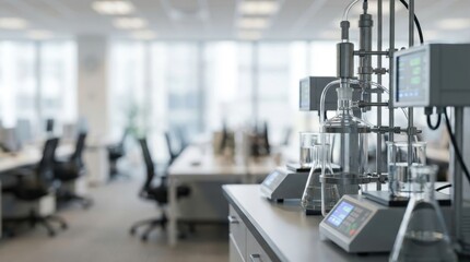 Fototapeta premium Laboratory equipment with glass beakers and digital scales on a workbench in a modern research facility