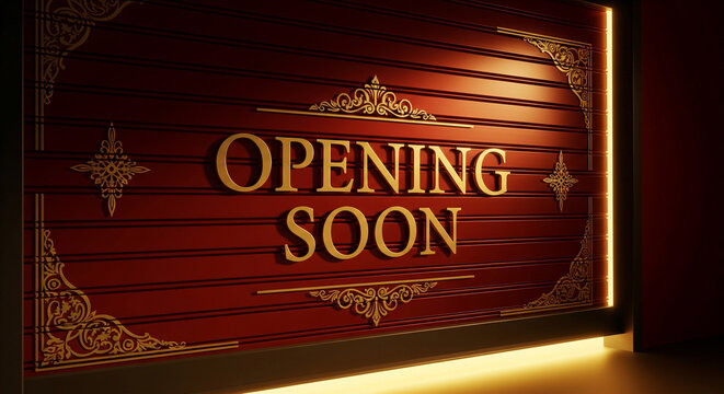 Dark wood textured opening soon sign with ornate gold embellishments grand opening coming soon textured embellishment business announcement