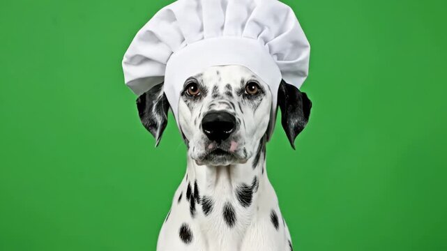 Cute Dalmatian dog wearing a chef's hat, looking directly at the camera on a green background.