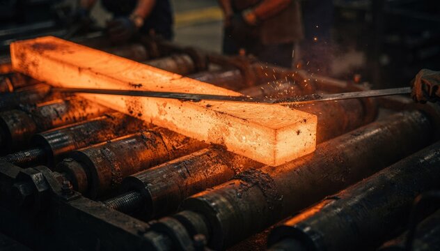 Sharp focus on molten billet shifting on industrial rollers the subtle sparks from precision shearing create a quiet contrast to the blurred metalworking scene.