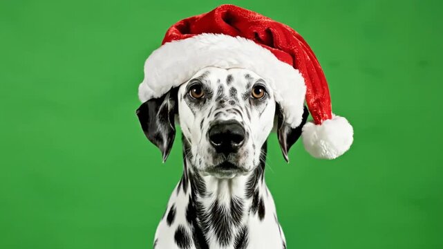 Cute Dalmatian dog wearing a festive red Santa hat against a vibrant green background, looking directly at the camera.
