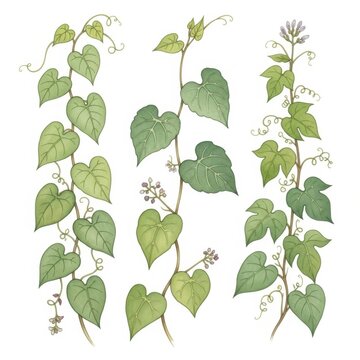 Watercolor of three climbing vine stems with green heart-shaped leaves
