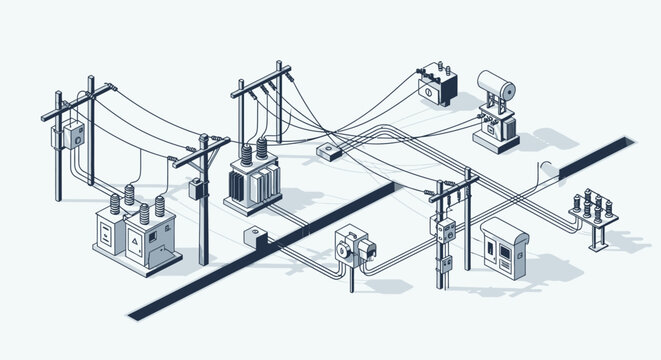 Isometric illustration of an electrical power grid showing interconnected utility poles, transformers, and distribution lines for energy transmission.