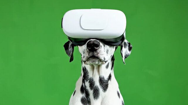 Dalmatian dog wearing virtual reality headset against a vibrant green background, exploring digital worlds.