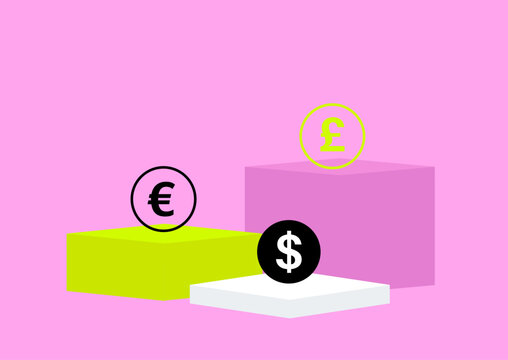 Three distinctive podiums highlight various currencies with bright colors and unique symbols, creating a playful and eye-catching representation of global finance.