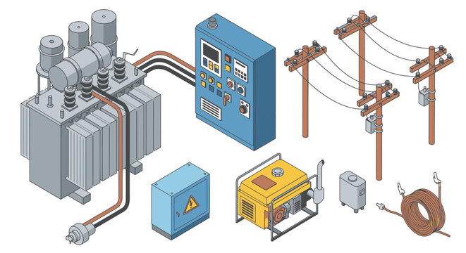 Isometric illustration of electrical power infrastructure components including transformer, control panel, utility poles, generator, and cables.