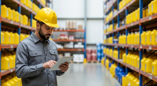 Warehouse worker wearing a yellow hard hat using a tablet computer to manage inventory on shelves