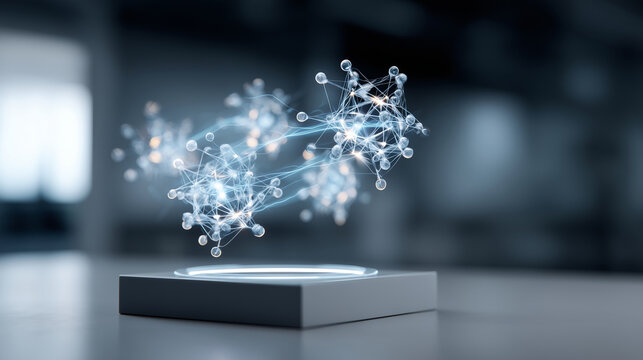Floating hologram composition of a glowing quantum computer network with entangled qubit icons and code pathways above a clean bright dark-toned platform, quantum computing, advanc