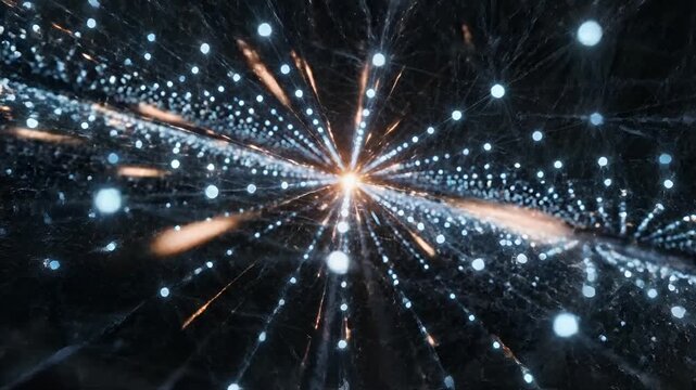 Abstract Digital Network of Glowing Blue Spheres in Motion.