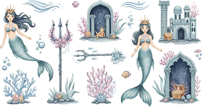 Underwater Fantasy Mermaid Kingdom Collection Vector Illustration Featuring Sea Princess Trident Coral Palace and Ocean Treasure Elements Set