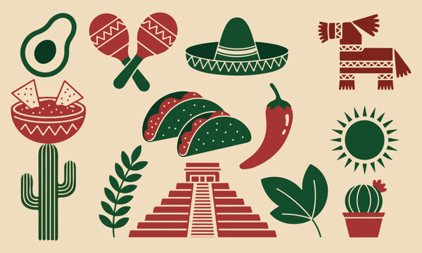 Mexican fiesta icons: avocado maracas sombrero pinata tacos with chili pepper