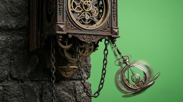 antique wall clock with rustic chain on dark wooden background