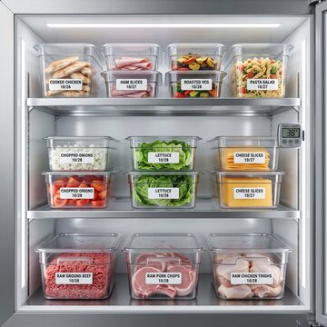 Organized Commercial Refrigerator Interior with Labeled Food Containers Showing Proper Food Storage and FIFO System