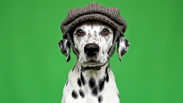 Close-up of a charming Dalmatian dog wearing a stylish flat cap, looking directly at the camera with a green screen background.