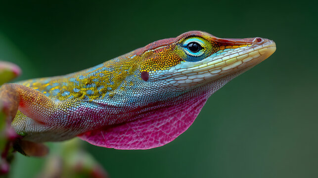 Close-up of a colorful lizard displaying its dewlap in a natural setting
