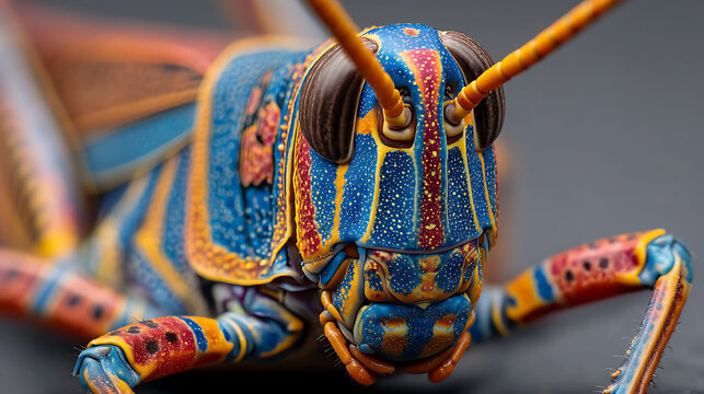 Fascinating macro shot reveals the intricate beauty of a vibrant blue and orange locust