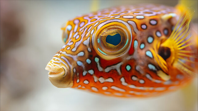 Close-up of a colorful tropical boxfish with unique markings