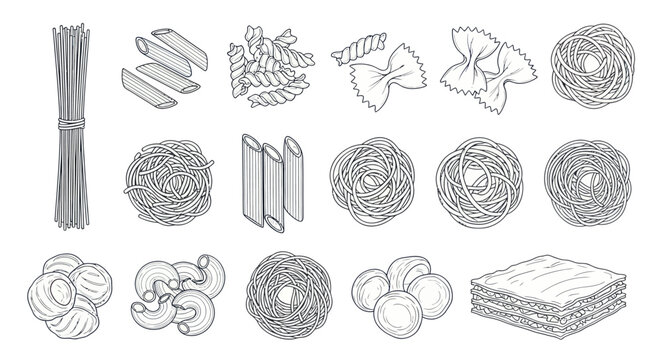 Collection of pasta shapes and lasagna, illustration