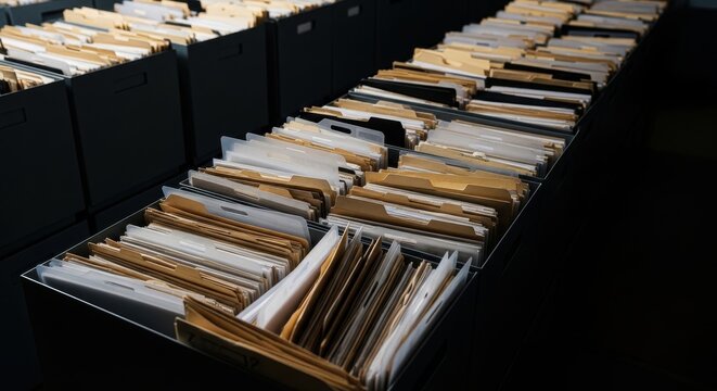 Rows of organized files and documents in storage drawers, representing efficient information management.