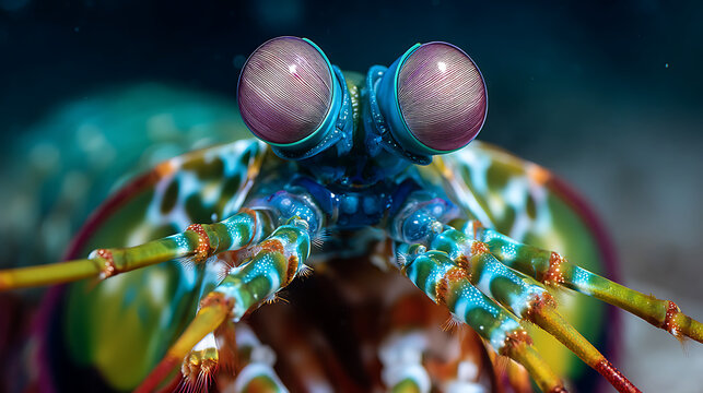 Mesmerizing Close-Up of a Vibrant Mantis Shrimp's Unique Ocular Structure and Intricate Colors