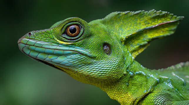 Vibrant Green Basilisk Lizard with Detailed Scales and Intricate Crests in a Lush Tropical Habitat