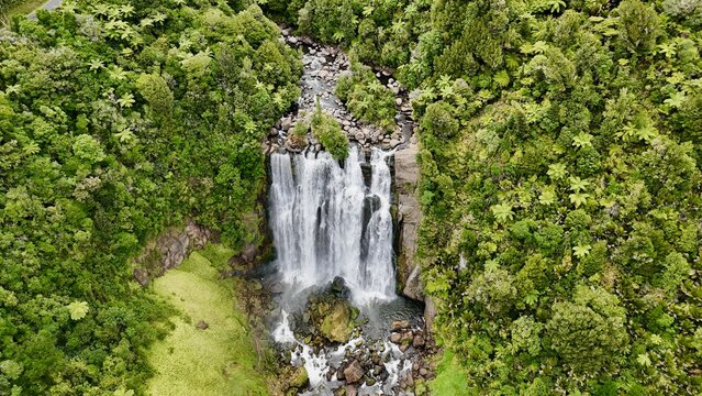 Aerial drone view of
Marokopa Falls at forest in Waitomo District, New Zealand
