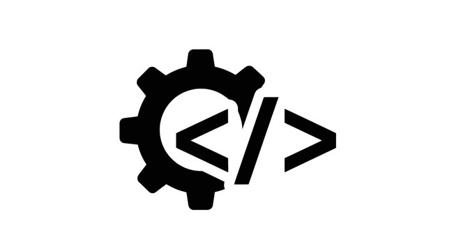 Coding symbol with gear icon.