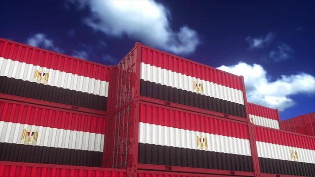 Stacked Cargo Containers With Egyptian Flag Under Dramatic Blue Sky