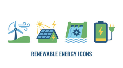 Fototapeta premium Collection of stylized illustrations representing various renewable energy sources, including wind, solar, hydro, and battery storage