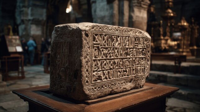 Ancient Stone Slab with Intricate Geometric Inscriptions Displayed in a Museum Setting