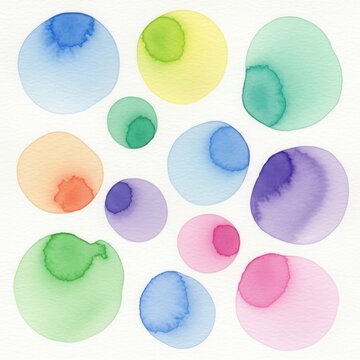 Watercolor painted circles in assorted pastel colors on textured paper